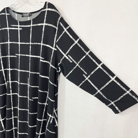 Sympli Black White Grid Plaid Geometric Print Midi Dress Pockets Jersey Size 14 - Picture 3 of 7
